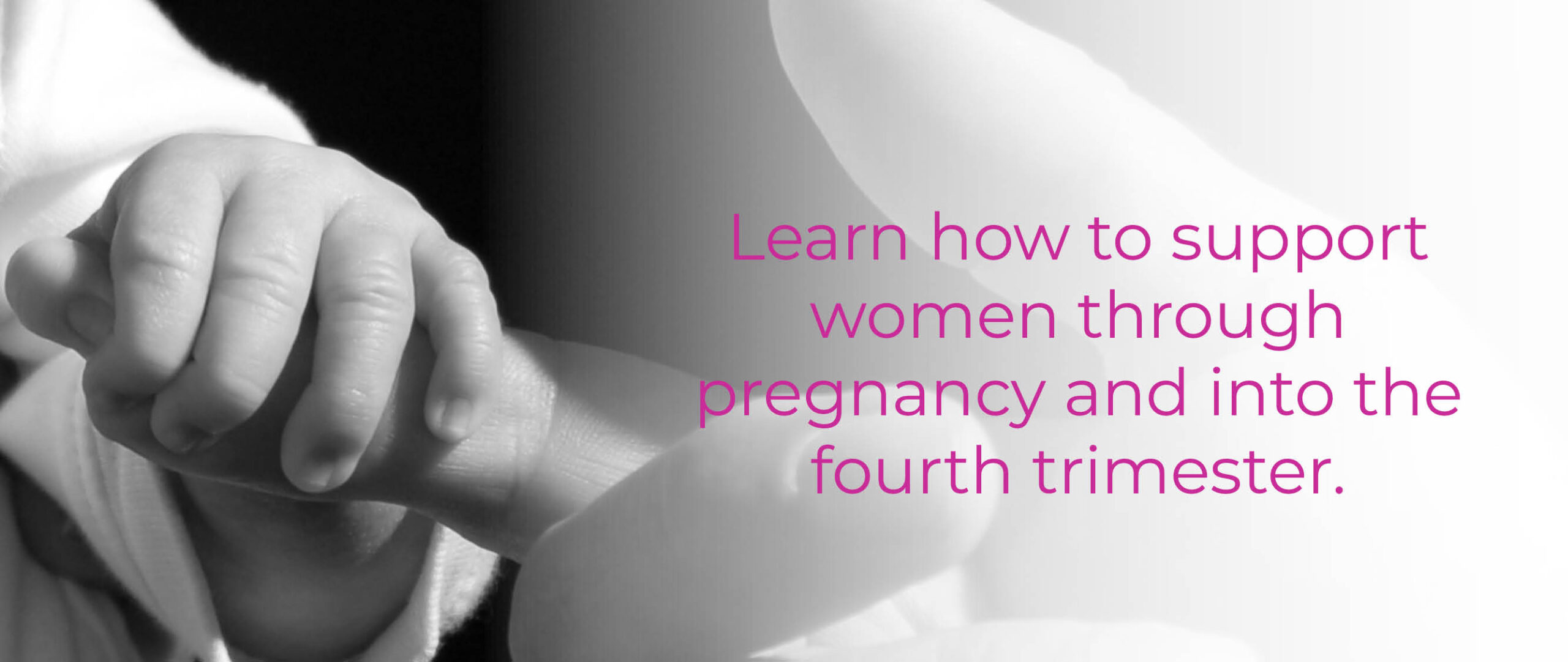 Pregnant woman holding her belly with words saying "Learn how to support women through pregnancy and into the fourth trimester"